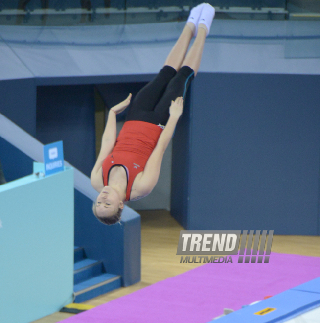 Bakıda batut gimnastikası üzrə Dünya Kubokunda iştirak edəcək idmançıların podium məşqləri. Azərbaycan, 4 mart, 2016